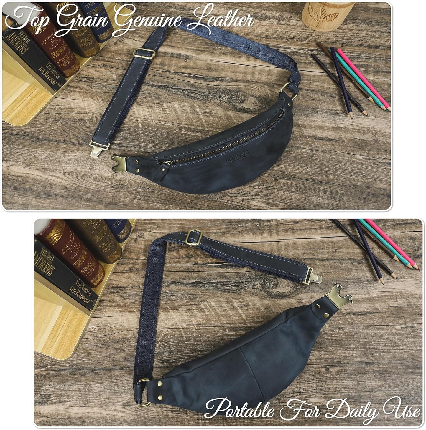 Top Grain Genuine Leather Slim Fanny Pack for Man & Woman, Minimalist Vintage Design, Handmade with Detachable Hardware, Slim Waist Bag Small Crossbody Belt Bag for Traveling or Riding, Blue