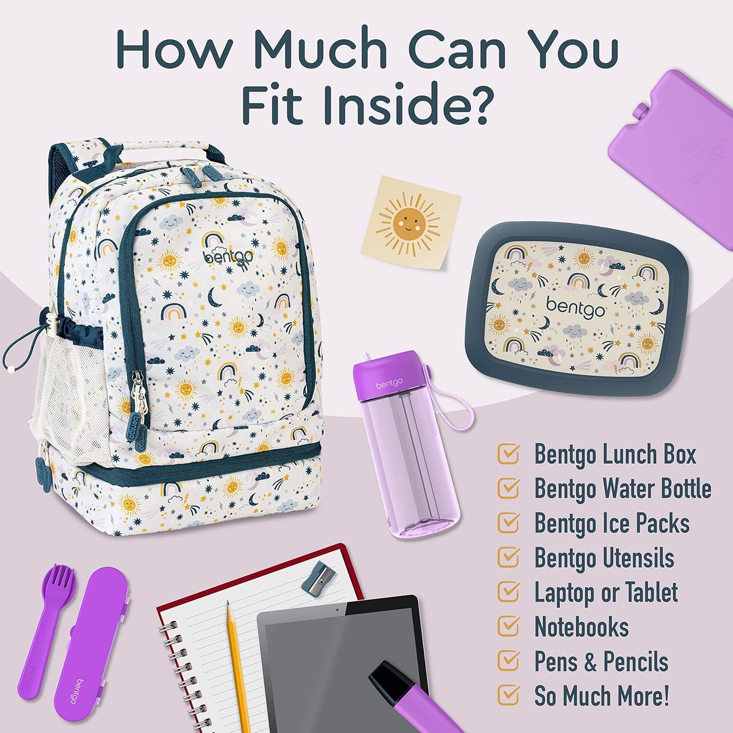Bentgo Kids 2-in-1 Backpack & Insulated Lunch Bag - Durable 16” Backpack & Lunch Container in Unique Prints for School & Travel - Water Resistant, Padded & Large Compartments (Friendly Skies)