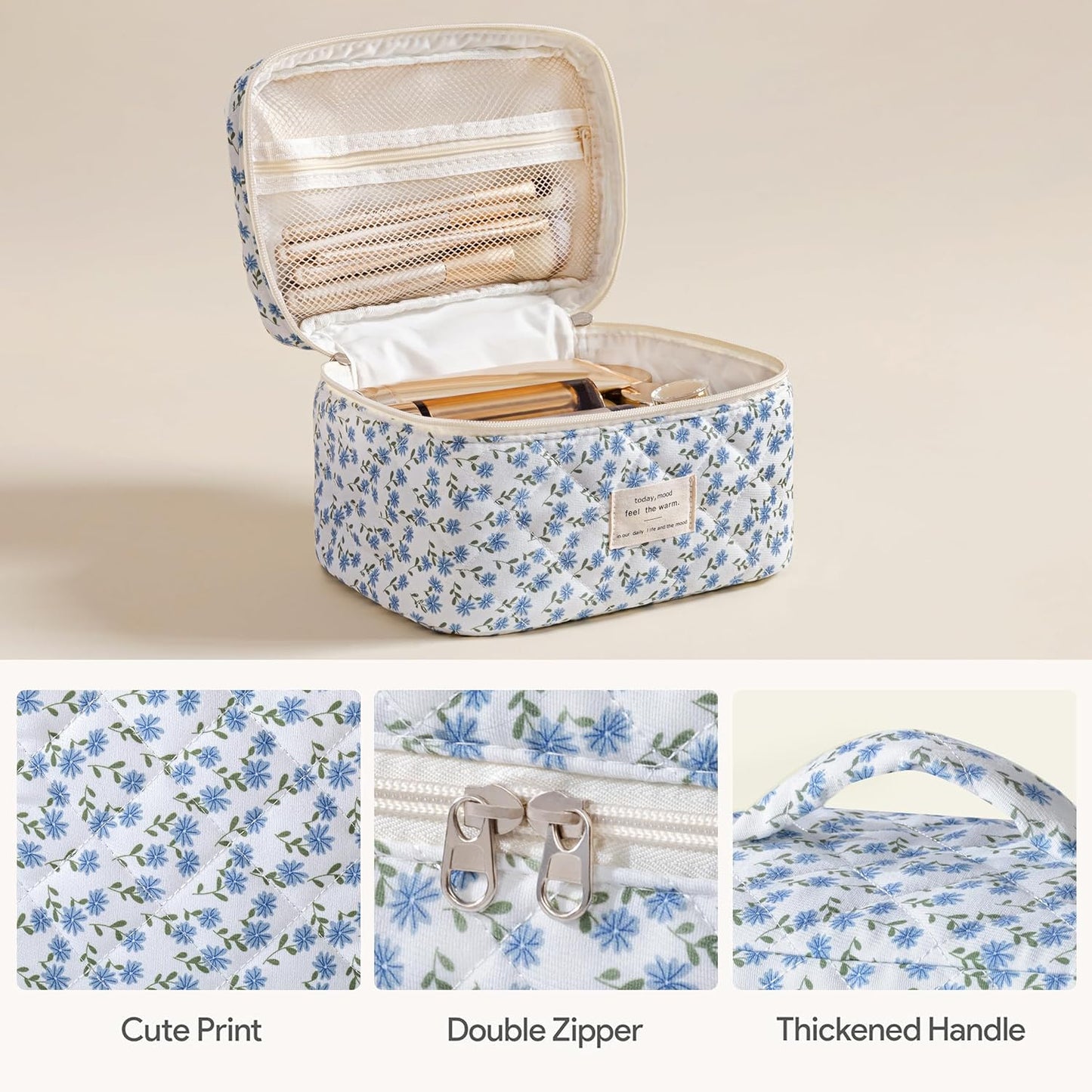 HBselect Quilted Makeup Bag, 3PCS Cotton Large Travel Makeup Bag, Cute Floral Coquette Make up Bag Cosmetic Bag Toiletry Bag for Women Girls