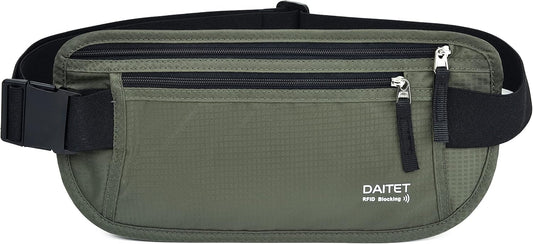 RFID Blocking Money Belt for Men Women, Slim Fanny Pack for Travel，Running,Conceal Waist Wallet for Passport Holder,Phone,Cash(Black Dark Olive Green)