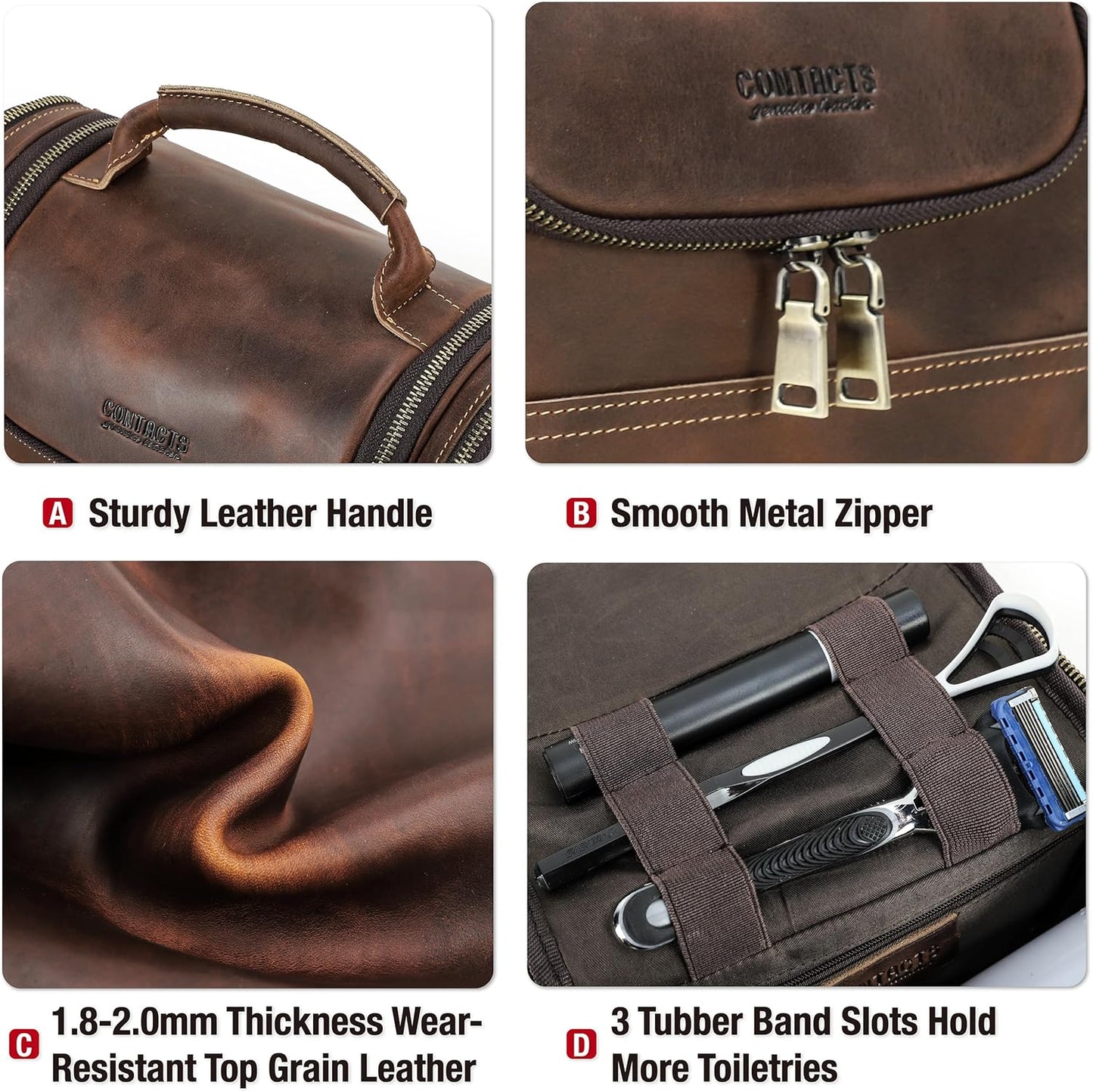 Top Grain Leather Travel Toiletry Bag Organizer for Man & Woman, Vintage Design, Large Size & Multi Pockets, Portable Large Capacity Travel Dopp Kit for Daily Toiletries/Cosmetics/Makeups, Coffee