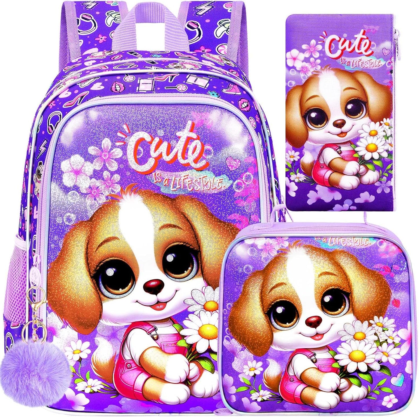 3PCS Girls Dog Backpack, Water Resistant Kids Bookbag Set with Lunch Box, Cute School Bag for Preschool Toddler