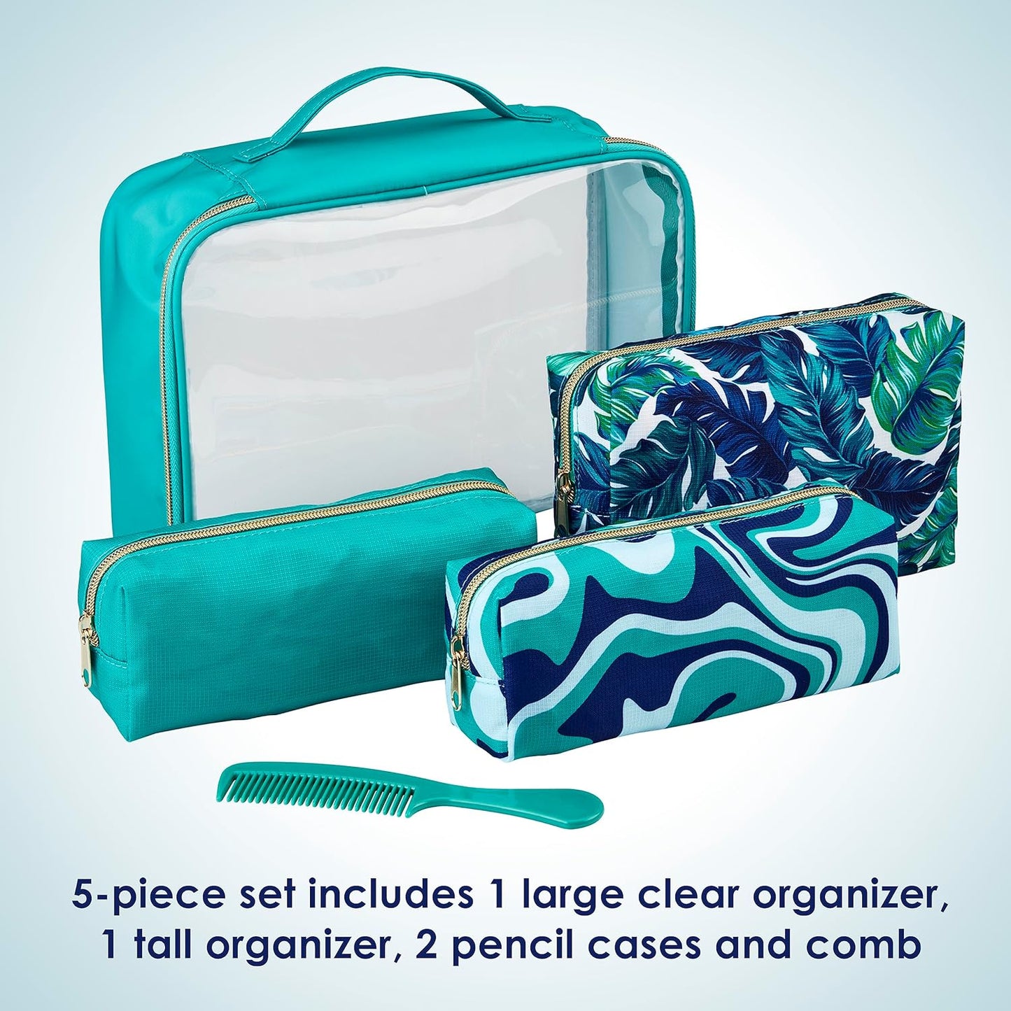 Conair 5 Piece Toiletry and Cosmetic Bag Set Under $30, Includes 4 Makeup Bags and 1 Travel Comb in Teal Palm Prints