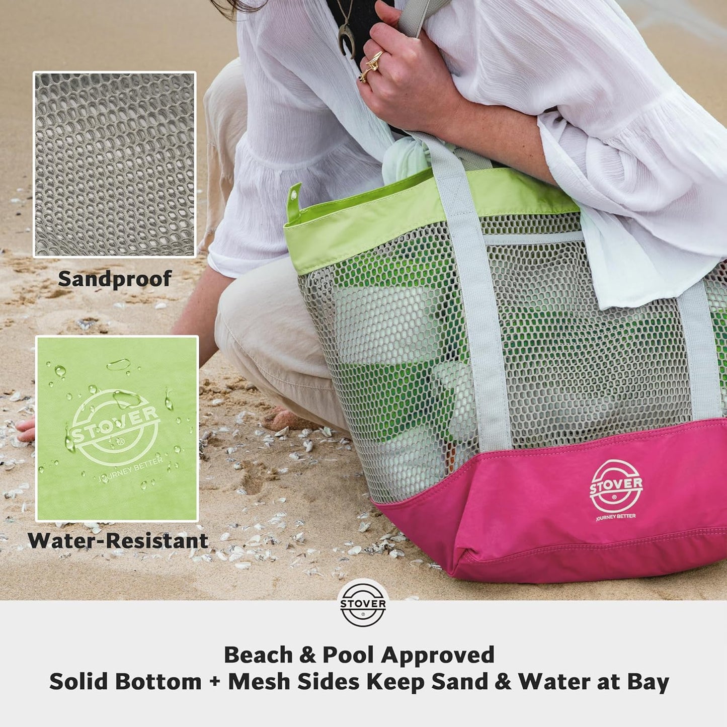 STOVER Large Mesh Beach Bag, Vacation, Pool, Shopping, & Travel Tote - Foldable w/Storage Pockets