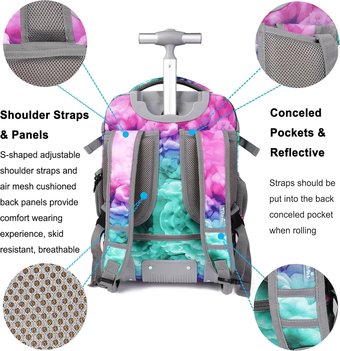 Tilami Rolling Backpack 19 inch with Lunchbox Wheeled Laptop Backpack, Clouds Green