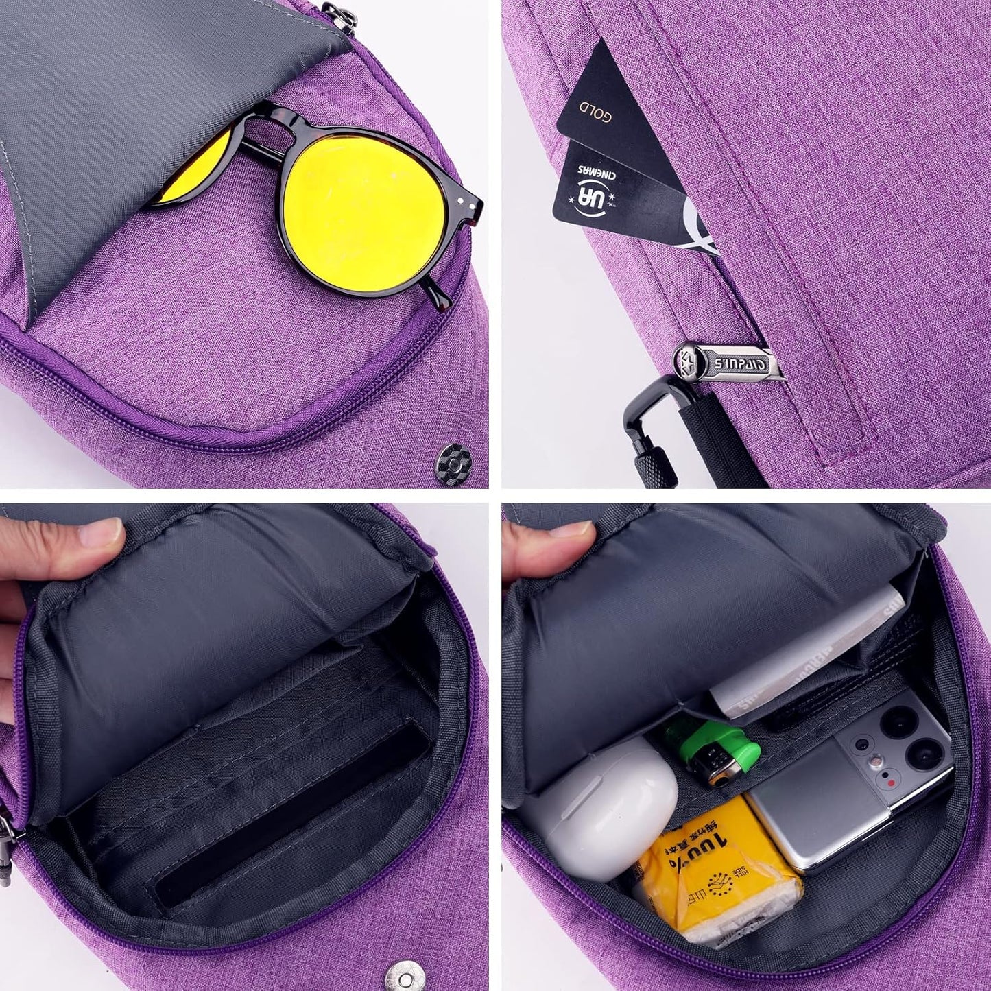 WATERFLY Tiny Crossbody Sling Backpack Anti Theft Backpack for Traveling Chest Shoulder Bag (Purple)