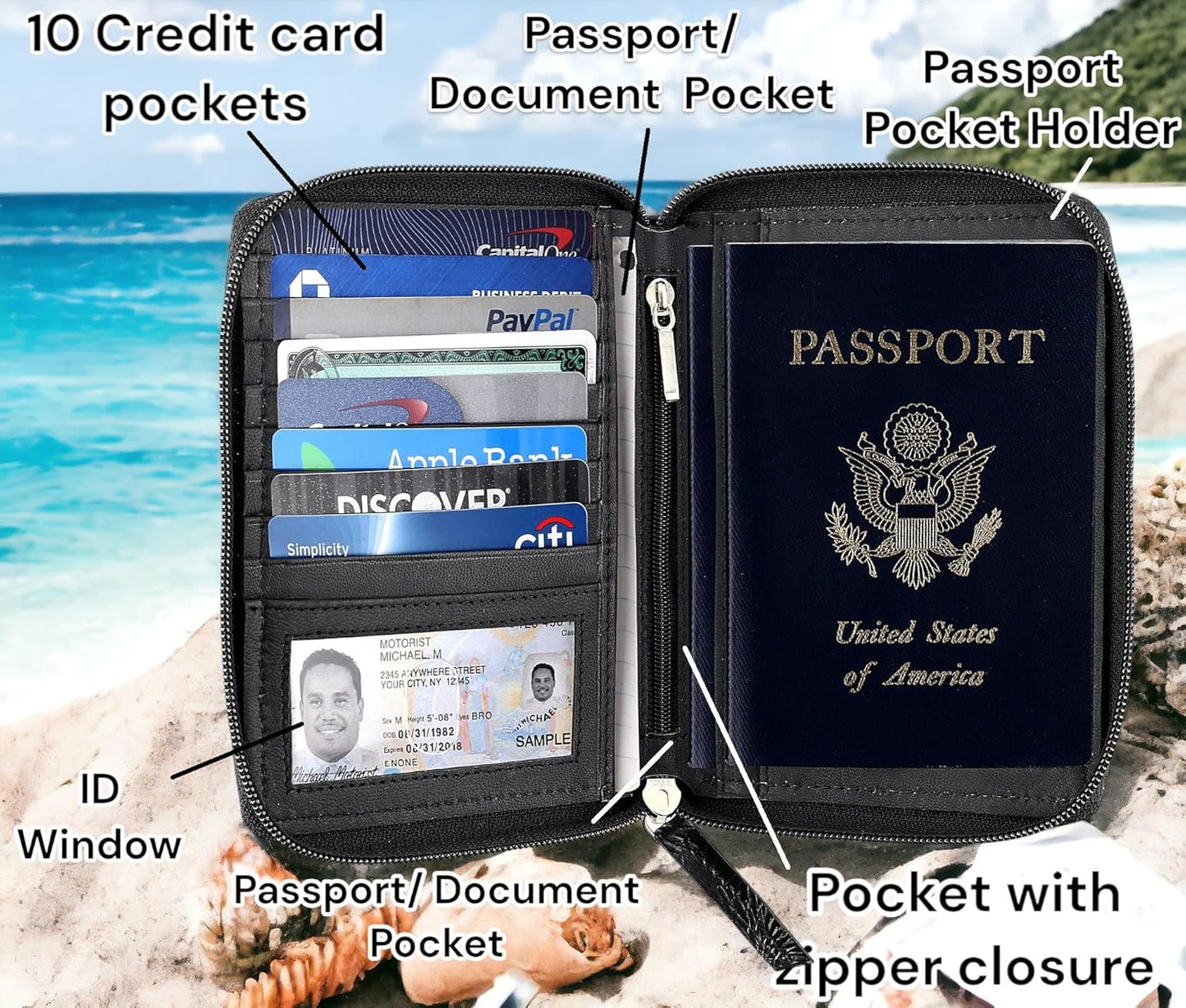 Passport Wallet - Travel Document Holder w/RFID Blocking – Full Grain Leather – Bifold compact zip around Wallet with Credit Card Slots for Women and Men,500-80