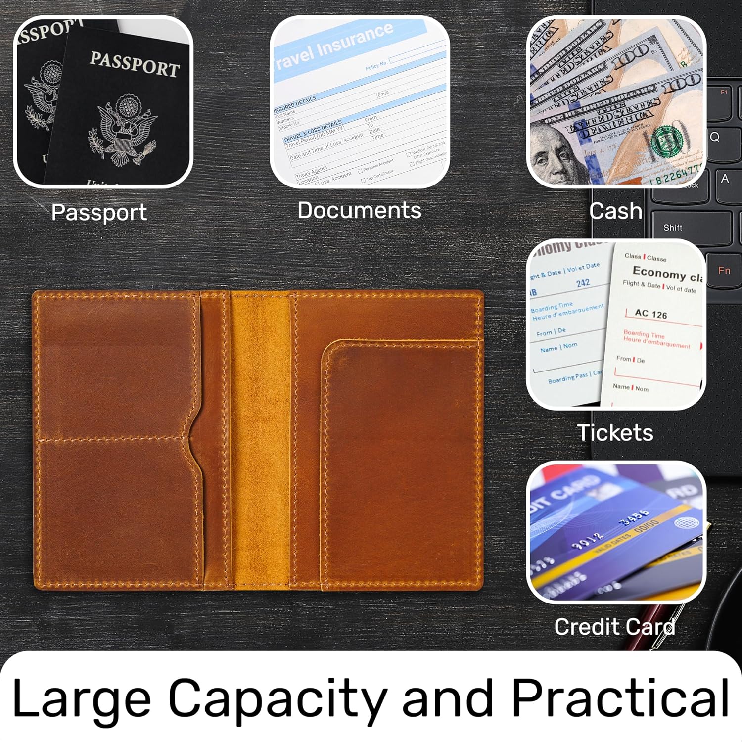 HIFA Leather Passport Holder, Handmade Passport Cover with Card and Ticket Slot - Genuine Leather
