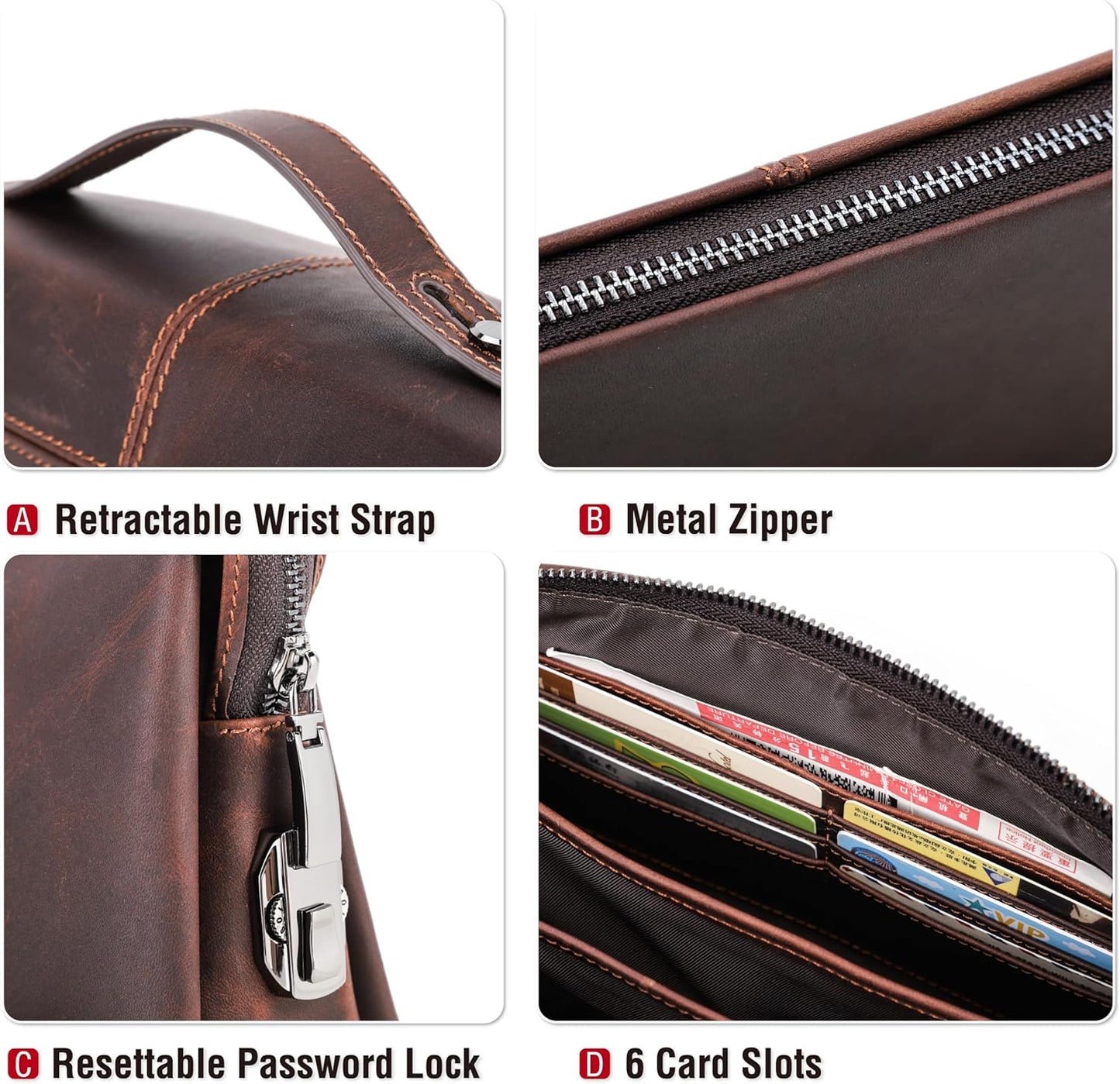 Top Grain Genuine Leather Clutch Wallet Purse for Man & Woman, Handmade Retro Design, Combination Lock & Retractable Strap & Multi Pockets/Slots, Portable RFID for Cards/Checks/Phone/Banknote, Coffee