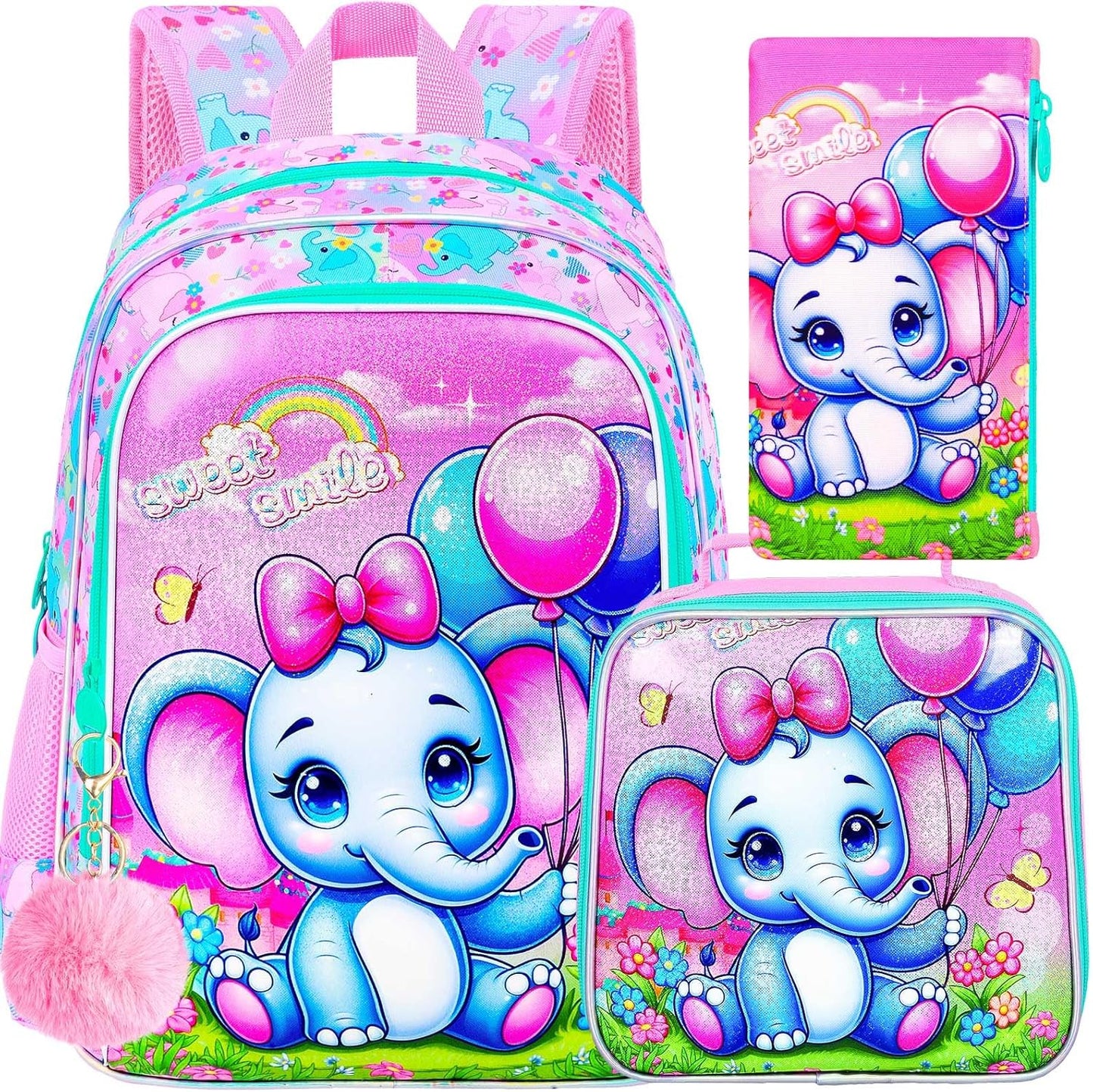 CCJPX 3PCS Backpack for Girls, 16”Elephant Bookbag with Lunch Box, Kids Water Resistant Elementary
