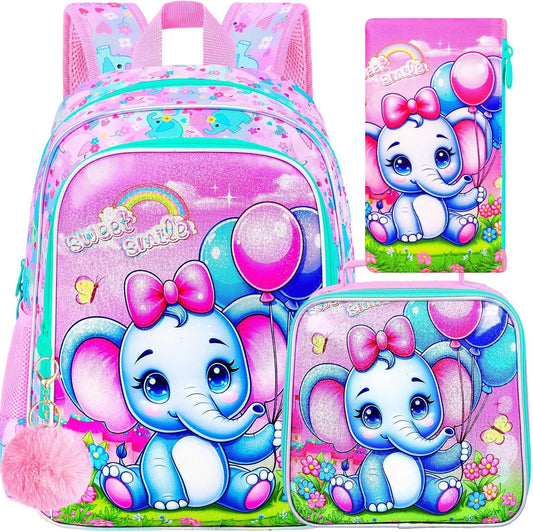 CCJPX 3PCS Backpack for Girls, 16”Elephant Bookbag with Lunch Box, Kids Water Resistant Elementary School Bag for Preschool Kindergarten Toddler