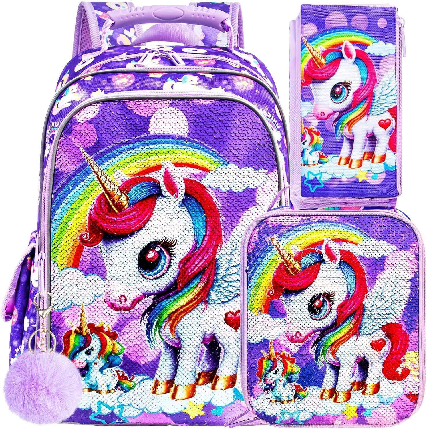 UFNDC 3PCS Unicorn Backpack for Girls, 16”Kids Sequin Bookbag with Lunch Box, Water Resistant