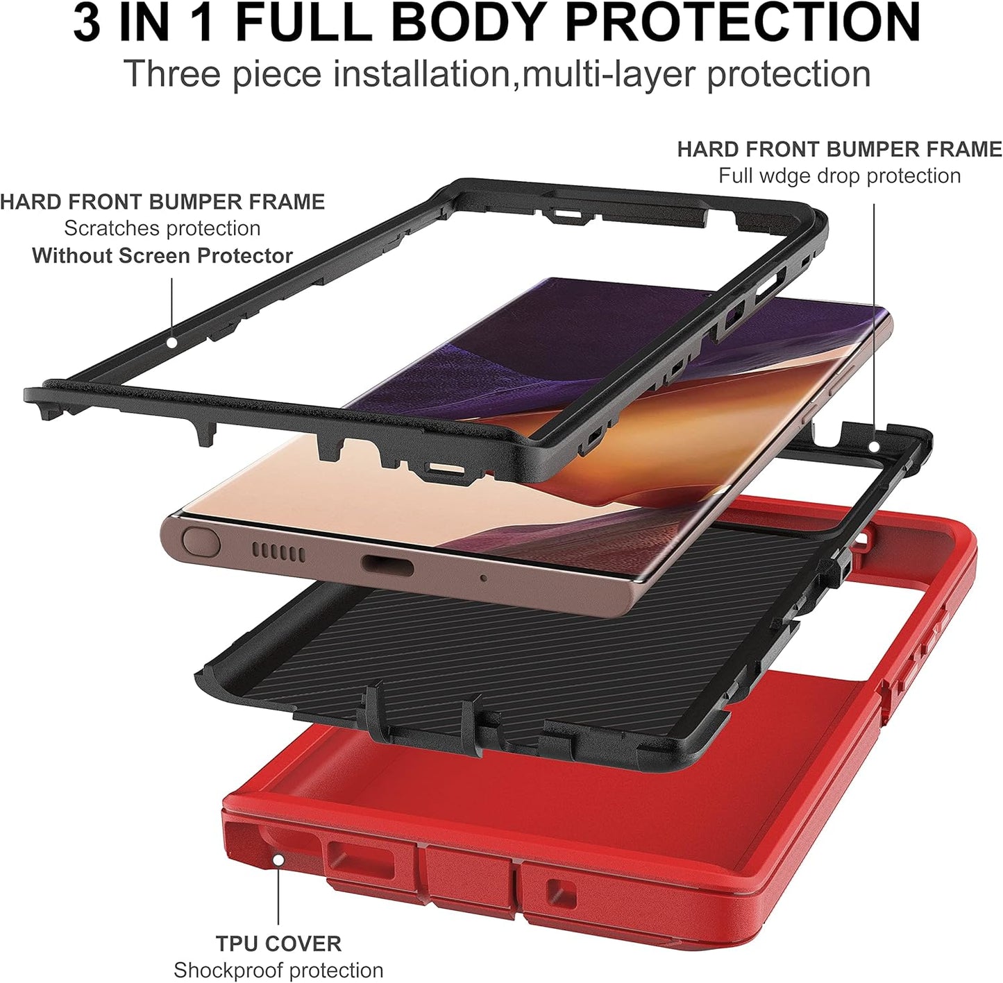 for Note 20 Ultra Case, Galaxy Note 20 Ultra Case with Self Healing Flexible TPU Screen Protector [2 Pack], 3 in 1 Heavy Duty Protection Case for Samsung Note 20 Ultra 5G(Red/Black)
