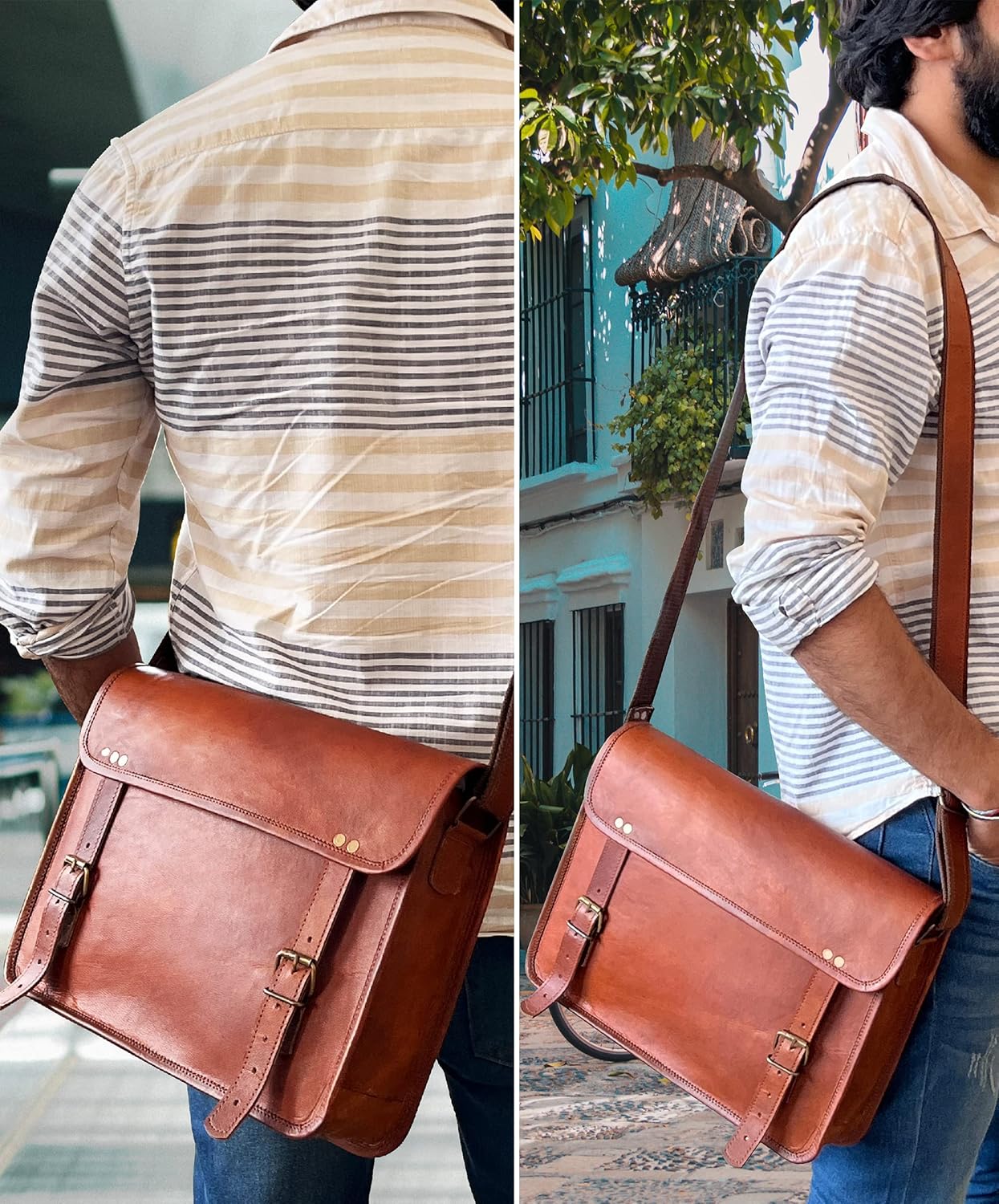 RUSTIC TOWN Leather Messenger Bag for Men Women - Full Grain Leather Laptop Satchel Office Shoulder