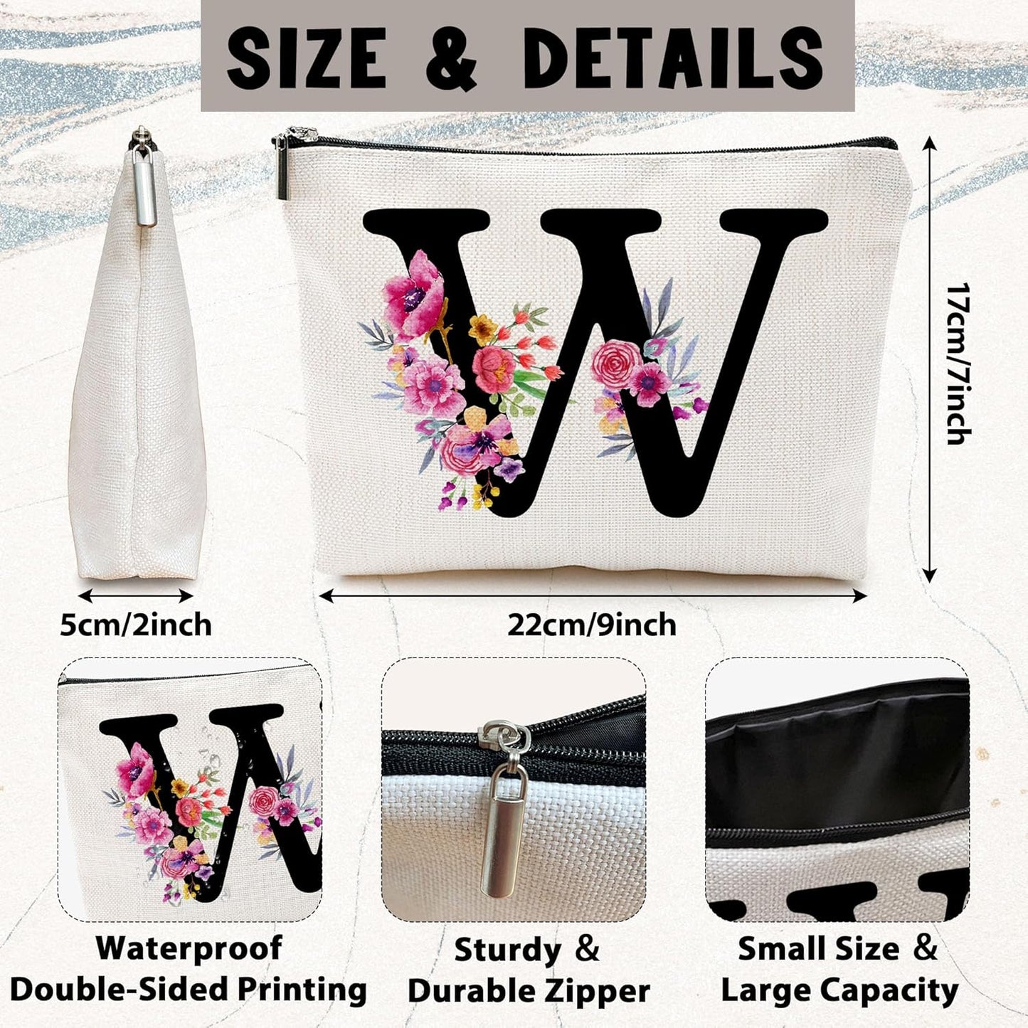 Personalized Letter W Makeup Bag for Women, Birthday Gifts for Mom, Small Zipper Pouch for Purse, Christmas Bridesmaid Friendship Gifts for Sister Daughter, Girls Weekend Gifts for Women-A23