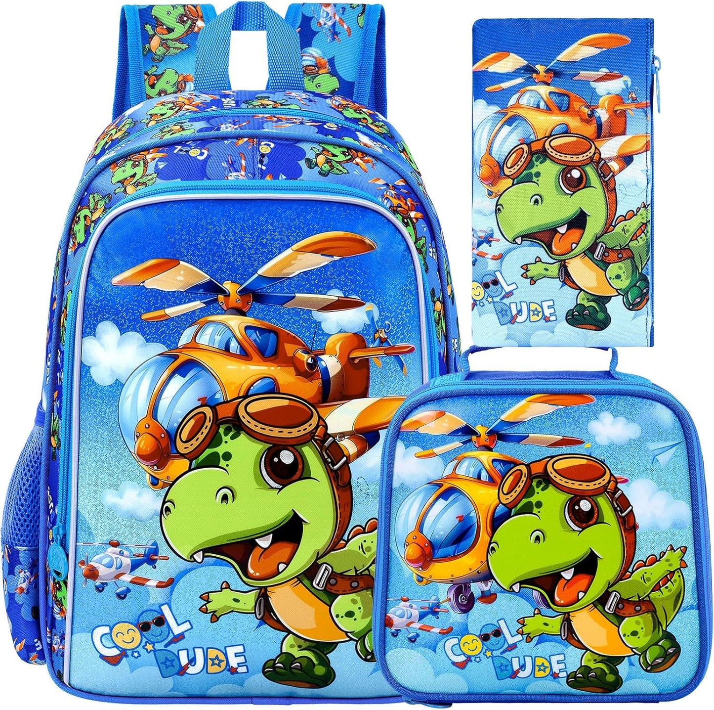 gxtvo 3PCS Boys Dinosaur Backpack, 16" Kids Airplane Bookbag with Lunch Box, Water Resistant Elementary Preschool Toddler School Bag
