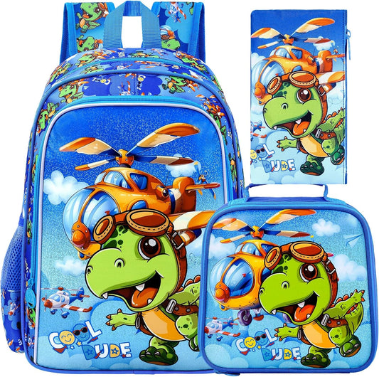 gxtvo 3PCS Boys Dinosaur Backpack, 16" Kids Airplane Bookbag with Lunch Box, Water Resistant Elementary Preschool Toddler School Bag