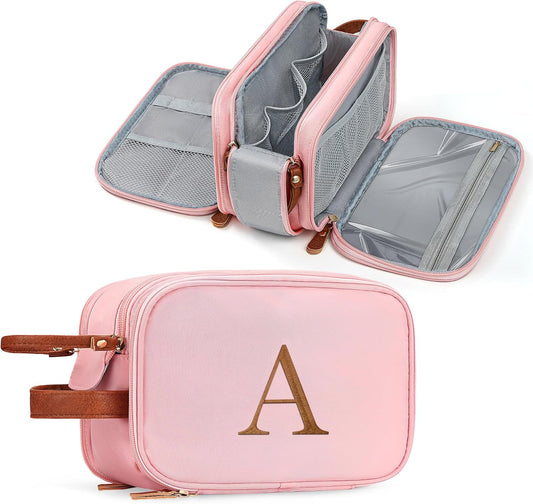 YOOLIFE Travel Toiletry Bag - Toiletry Bag for Women | Initial Makeup Bags Personalized Birthday Gifts for Women Teen Girls Gifts | Travel Essentials Large Capacity Letter A Pink