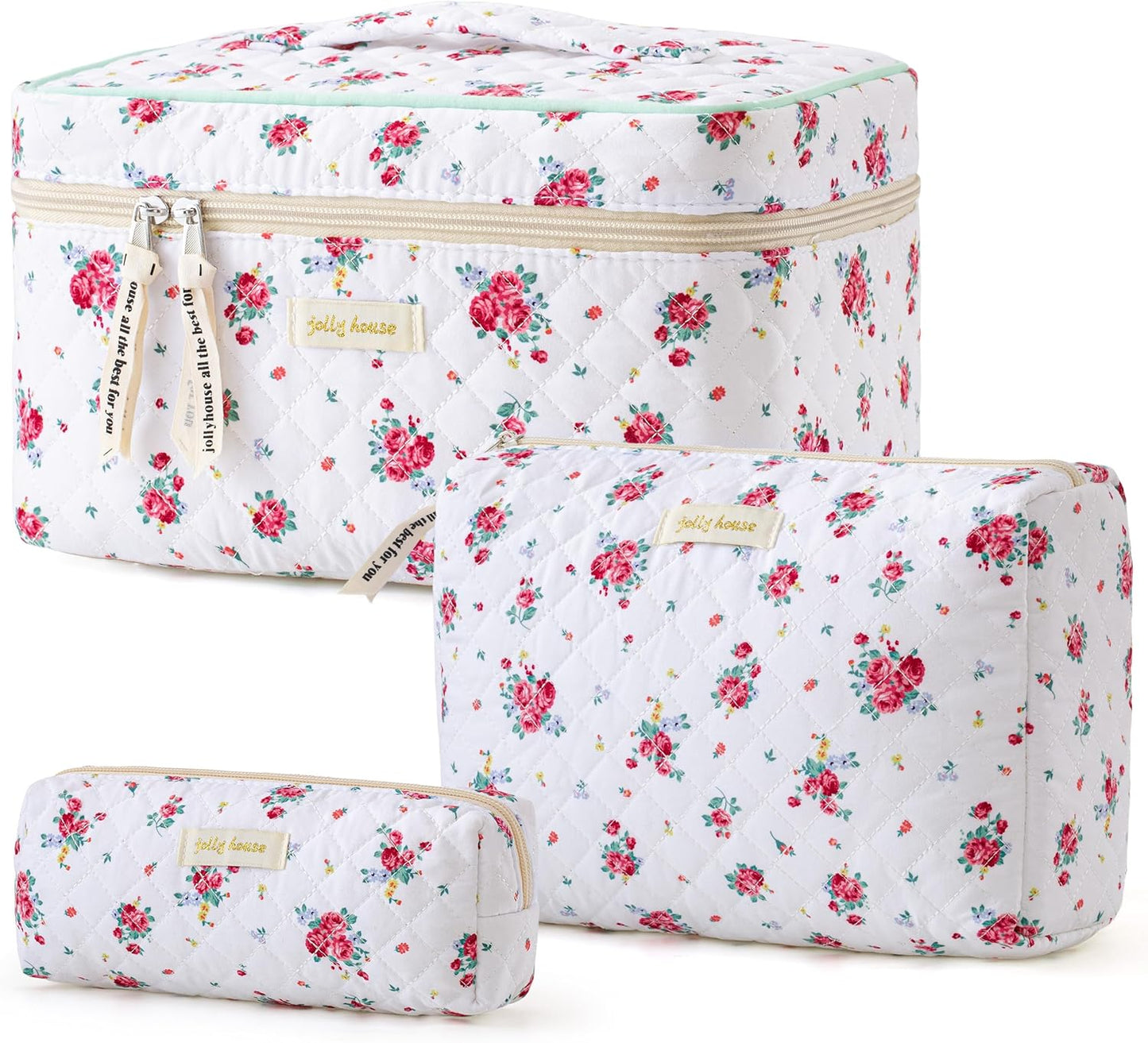 HBselect Quilted Makeup Bag, 3PCS Cotton Large Travel Makeup Bag, Cute Floral Coquette Make up Bag Cosmetic Bag Toiletry Bag for Women Girls