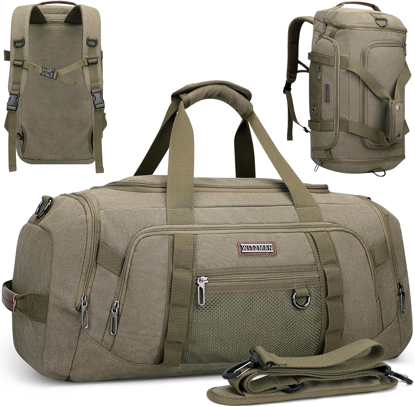 WITZMAN Canvas Duffel Bags for Men Traveling 3 in 1 Backpack Carry-on 40L Weekender Overnight Bag with Shoe Compartment(A8006/2 Army Green)