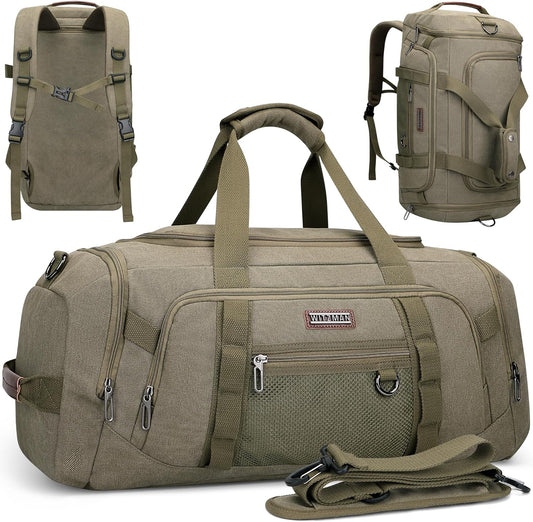 WITZMAN Canvas Duffel Bags for Men Traveling 3 in 1 Backpack Carry-on 40L Weekender Overnight Bag with Shoe Compartment(A8006/2 Army Green)