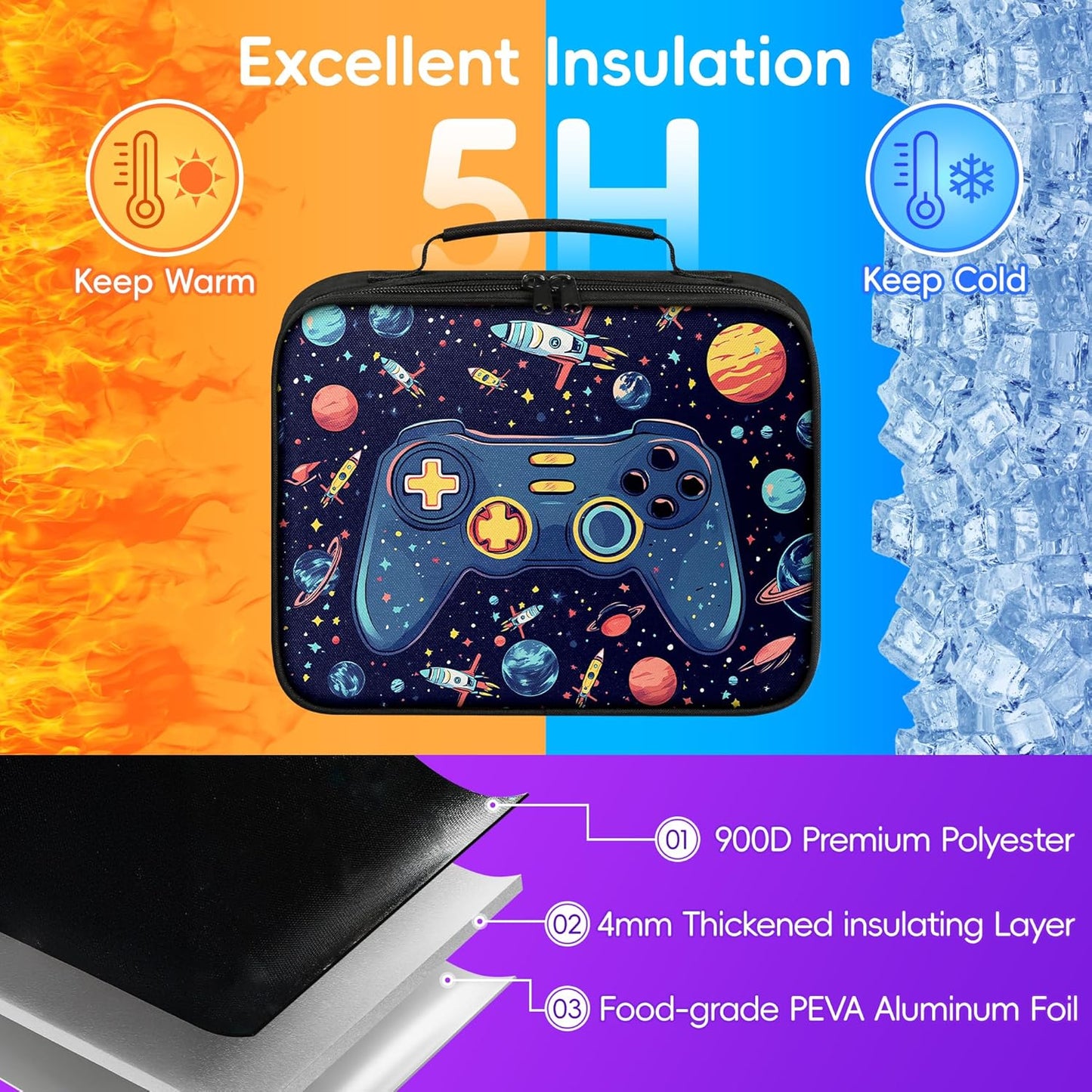 Gamer Lunch Box for Boys, Insulated Reusable Video Game Lunch Bag Portable Waterproof Leakproof Lunch Tote Bag Game boy Lunch Box for School Picnic Travel Back to School Gifts (space game)