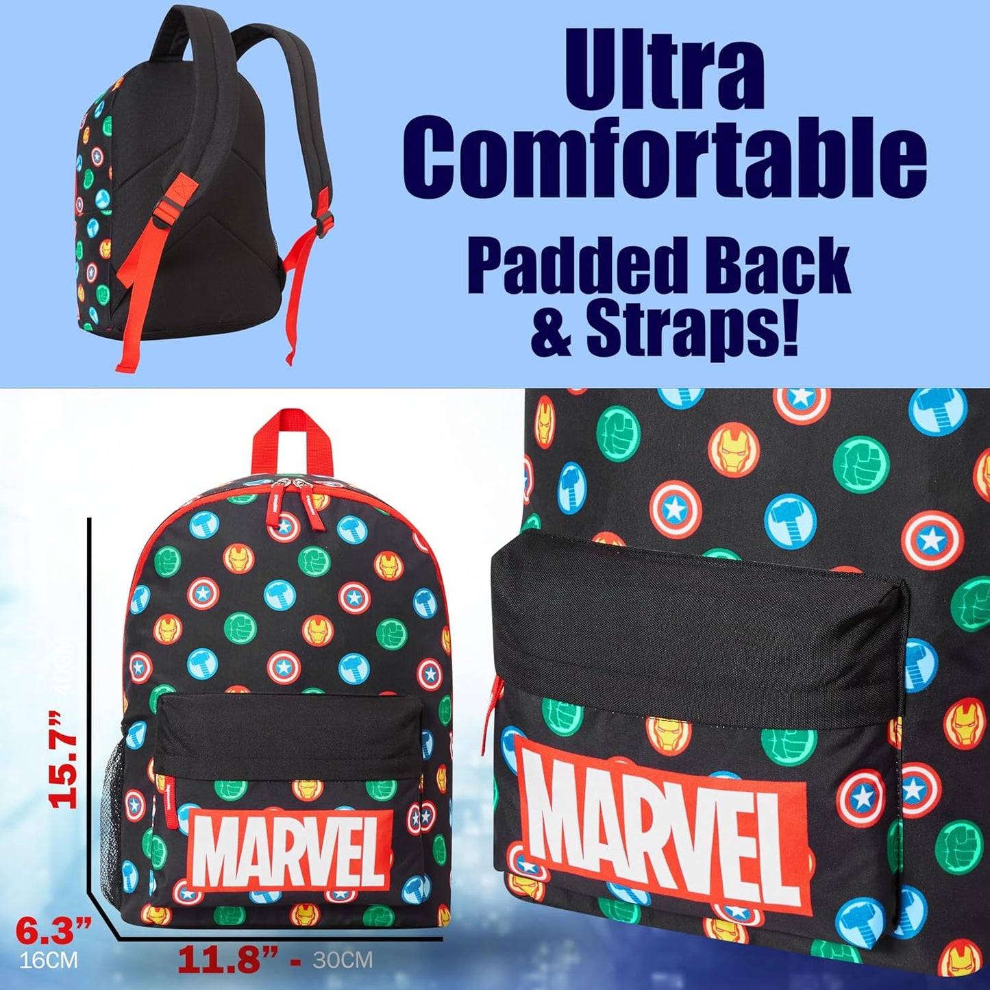 Marvel Avengers Backpack for Kids Teens Bookbag with Double Straps Daypack Backpacks for School Travel Sports Gifts for Boys (Black Aop)