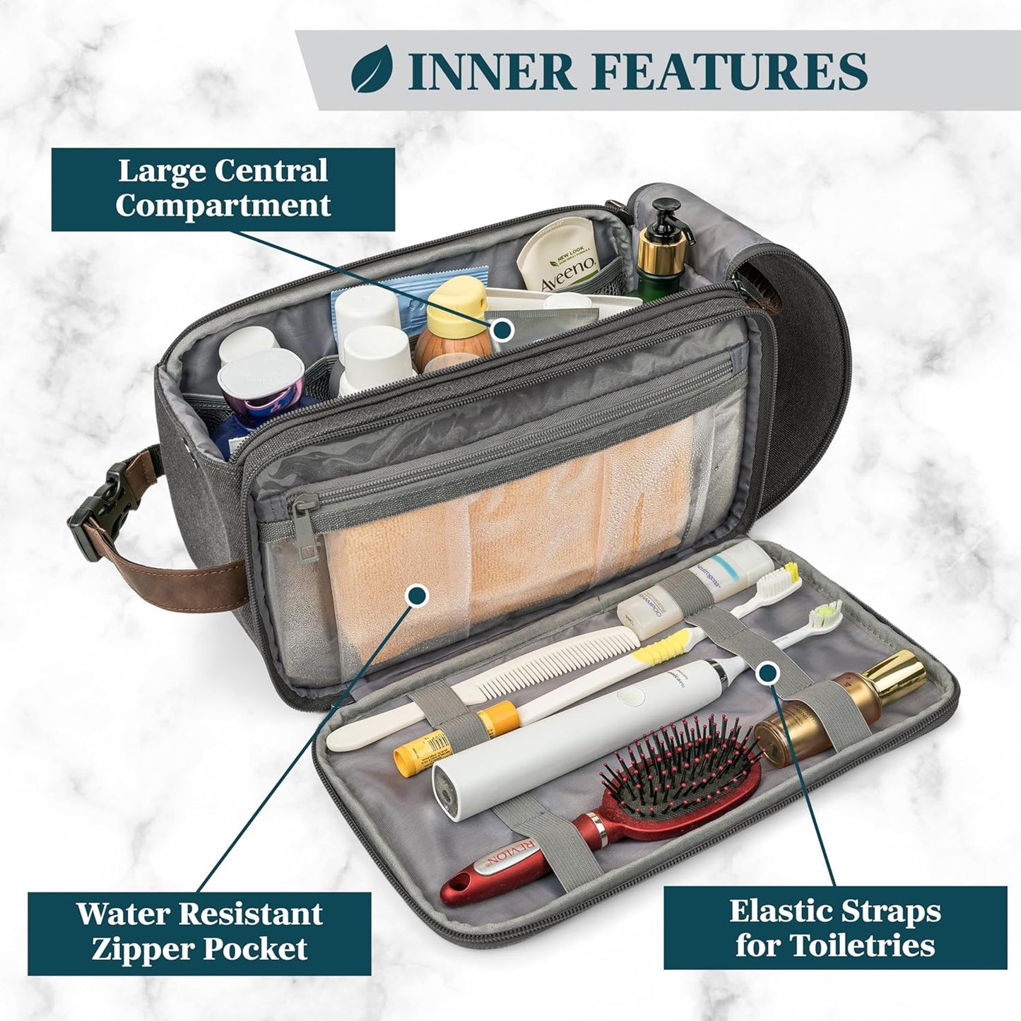 PAVILIA Toiletry Bag for Men Women, Canvas Travel Dopp Kit, Water Resistant Hygiene Bag Toiletries Organizer, Shaving Kit Travel Accessories Bag, Grey, Extra Large
