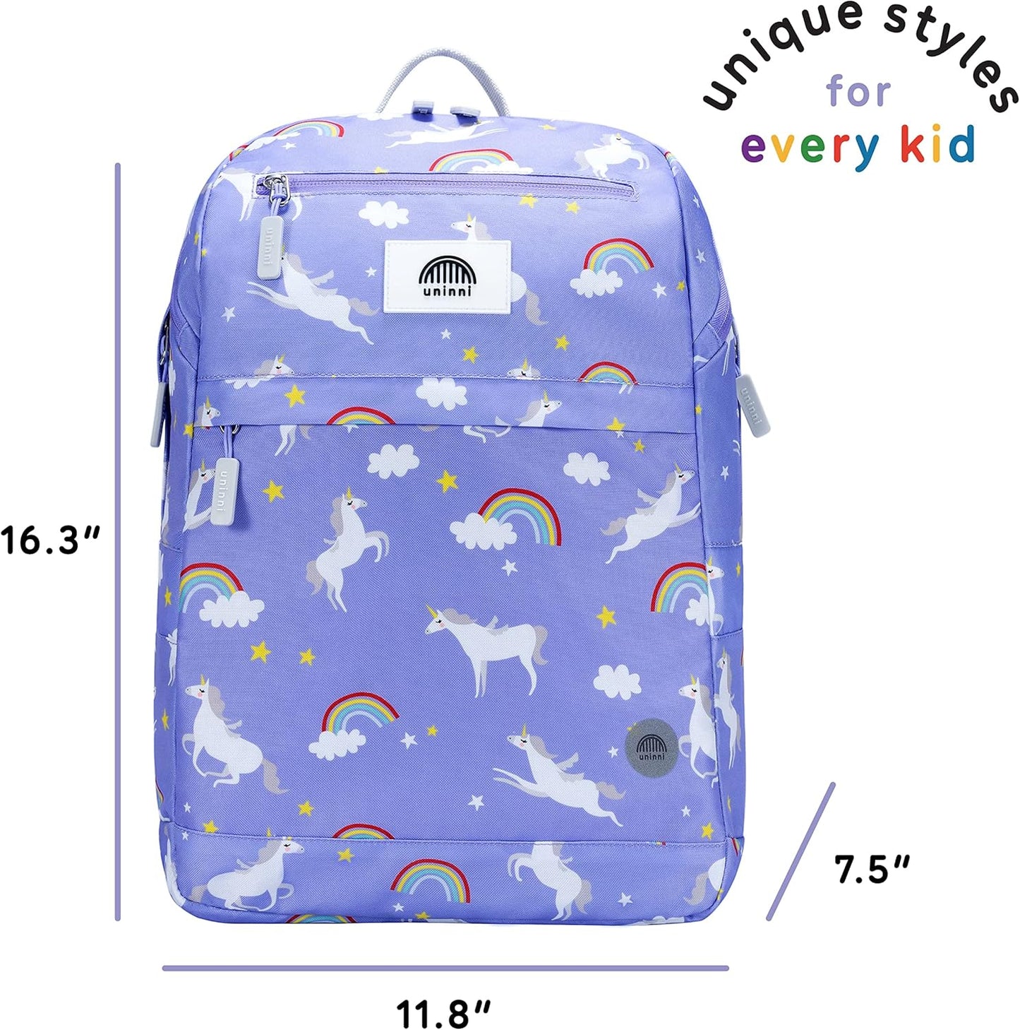 uninni 16" Kid's Backpack for Girls and Boys Age 6+ with Padded, and Adjustable Shoulder Straps. Fits for Height 3'9" Above Kids (Unicorn Purple)