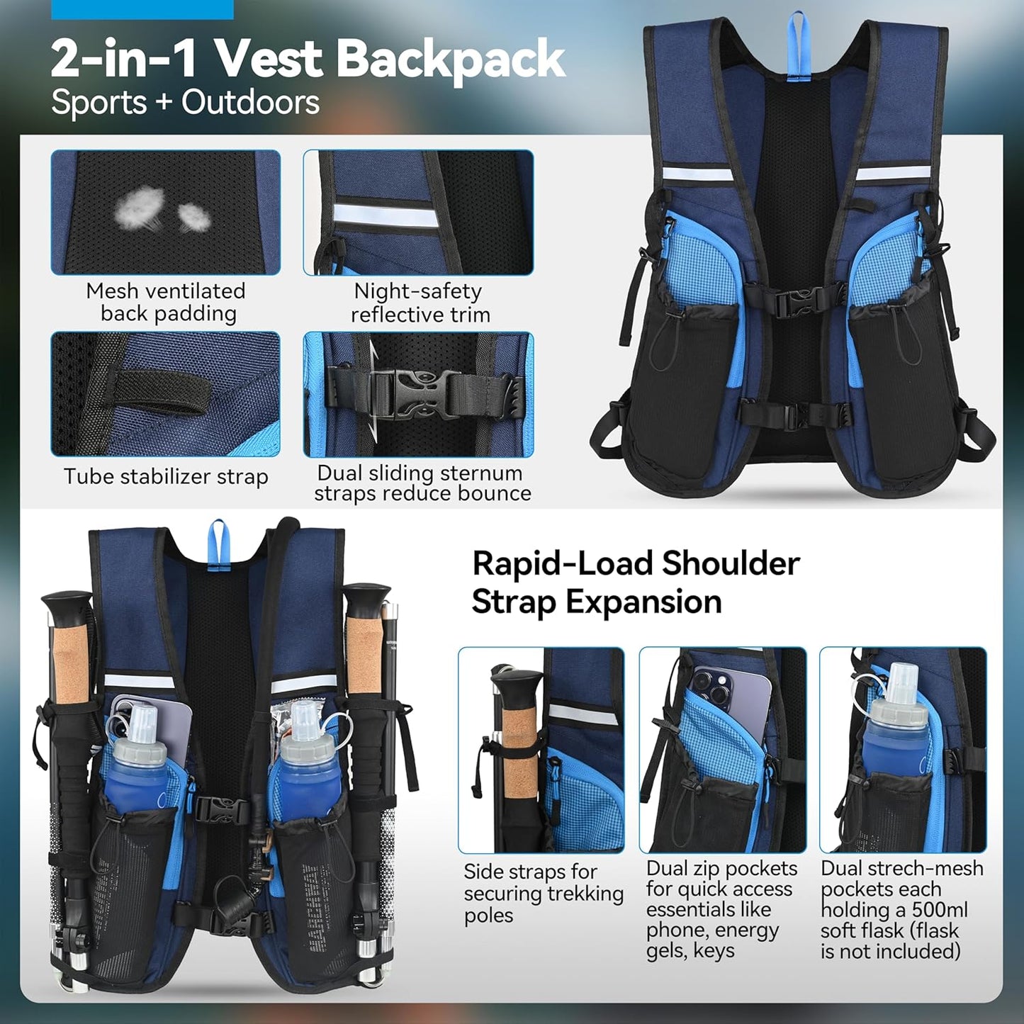 MARCHWAY Lightweight Hydration Backpack with Vest Style Straps & 2.5L TPU Water Bladder, Versatile Sleek Multi-Pocket Pack for Hiking, Cycling, Running, Backpacking, Travel