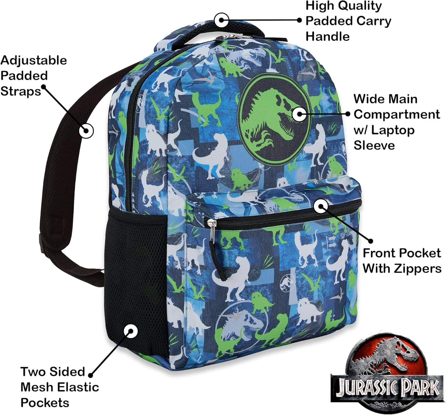 Jurassic World Nylon Allover Print Backpack - Adventure Awaits with Tyrannosaurus Rex, Velociraptor, and Triceratops on this Exciting and Vibrant Adult and Kids School Bag (Blue)