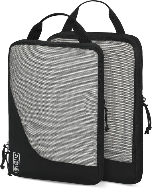 Hynes Eagle 6 Set/ 4 Set/ 2 Set Compression Packing Cubes Travel Essentials Lightweight Nylon Luggage Suitcase Organizer Bag Black 2PCS