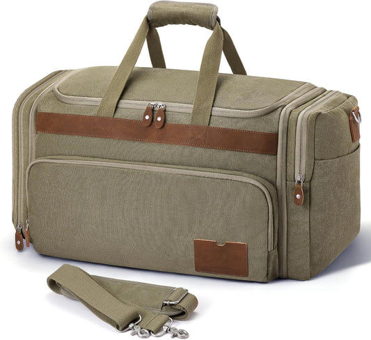 SHOWKOO Duffle Bag for Travel 60L Expandable Canvas Travel Bag Durable Vintage Weekender Overnight Carry On Bag for Men(Green)