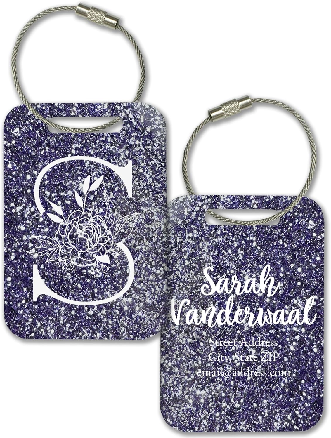 Personalized Monogram Name Tag for Luggage (3 or 6 Count Pack) | Custom Tag for Suitcase | Acrylic Name Tag for Travel | Choose Your Font & Color | Backpack ID Label (Monogram, Slate Blue Glitter)