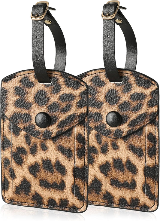 Kevancho Leather Luggage Tags for Men Women, Suitcase Labels Baggage Bag Tag ID Tags with Full Back Privacy Cover for Cruise Ships, Travel Accessories Tags Set (Leopard)
