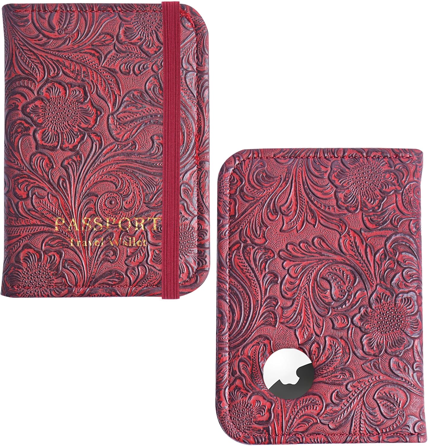 lizimandu Passport Holder with Airtag Slot, Airtag Passport Wallet for Men Women, Slim Leather Passport Holder Case Family for Travel Anti-Lost(1-Carved Red)