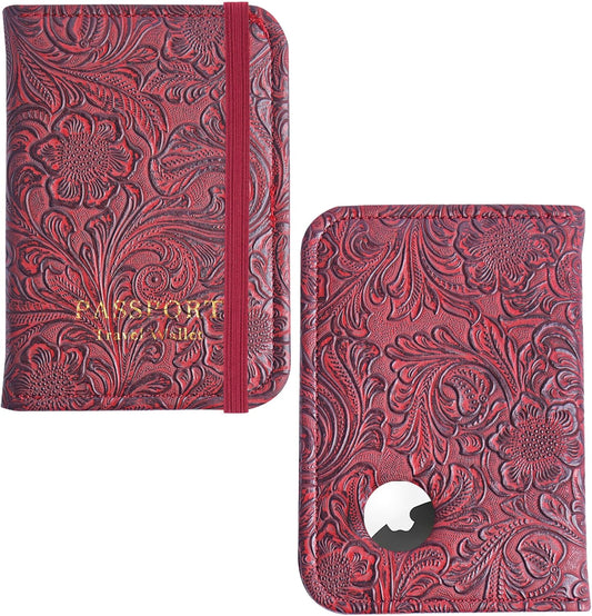 lizimandu Passport Holder with Airtag Slot, Airtag Passport Wallet for Men Women, Slim Leather Passport Holder Case Family for Travel Anti-Lost(1-Carved Red)