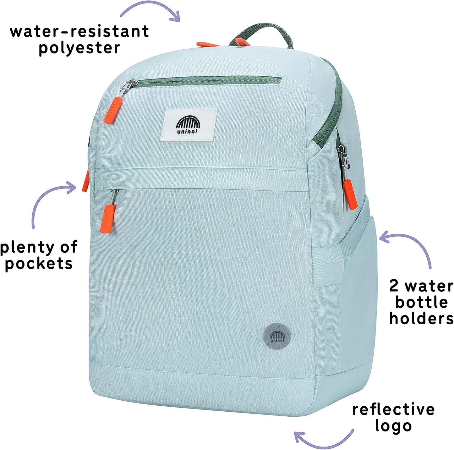 uninni 16" Kid's Backpack for Girls and Boys Age 6+ with Padded, and Adjustable Shoulder Straps. Fits for Height 3'9" Above Kids (Mint)