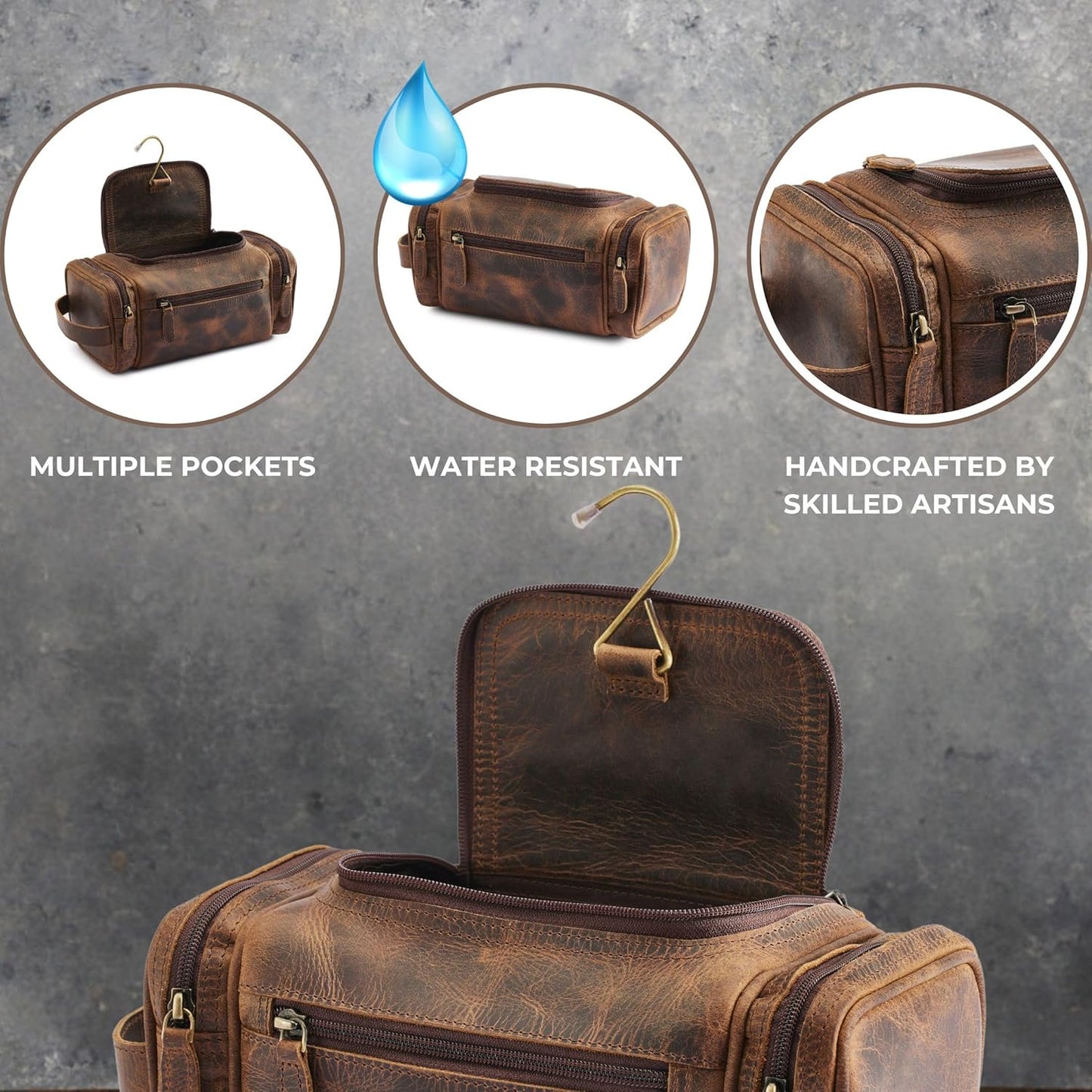 NomadCraftsCo. Medium Sized Hanging Leather Toiletry Bag for Men Women - Premium Leather Men's Toiletry Travel Bag, Dopp Kit for Travel, Leather Pouch, Mens Toiletry Bag for Travel