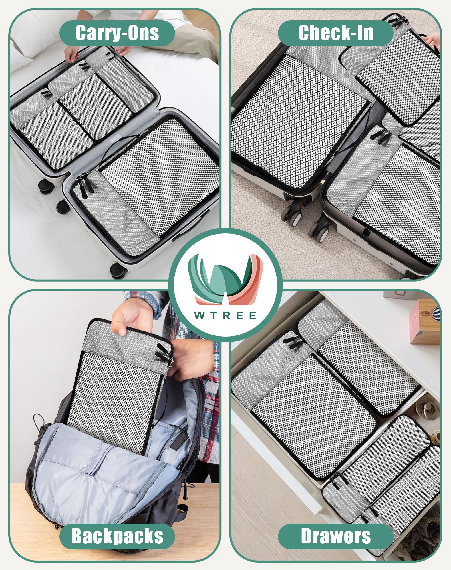 WTREE 4-Piece Packing Cubes Travel Accessories Set for Suitcases - Luggage Organizer Bags with