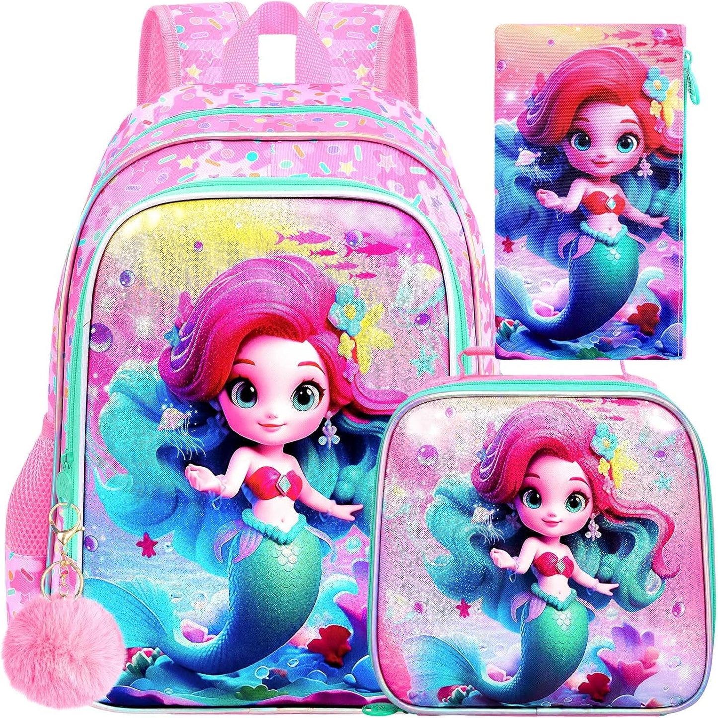 CCJPX 3PCS Mermaid Backpack for Girls, 16”Kids Preschool Bookbag with Lunch Box, Cute Water Resistant Elementary School Bag for Teen Kindergarten Toddler