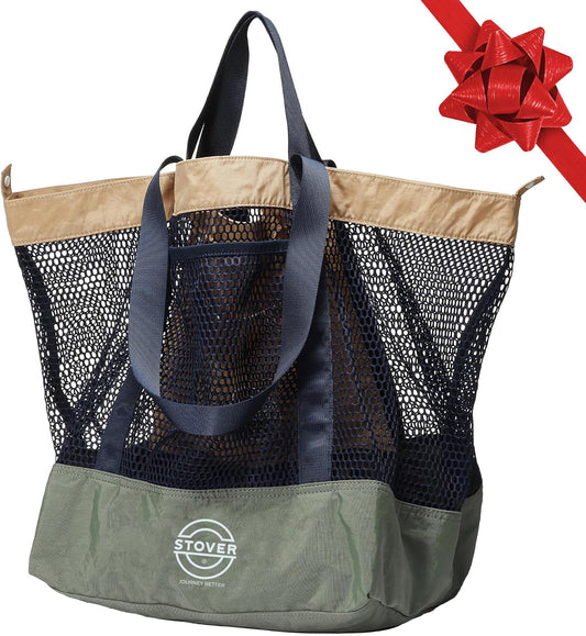 STOVER Large Mesh Beach Bag, Vacation, Pool, Shopping, & Travel Tote - Foldable w/Storage Pockets for Women, Men & Families