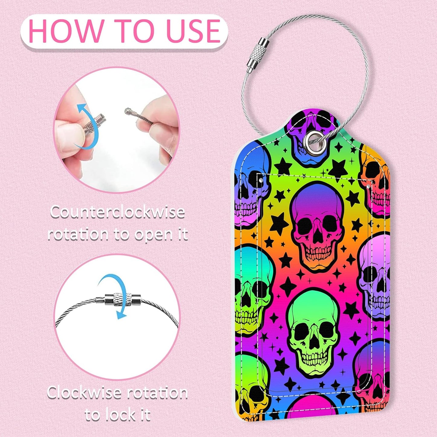 2 Pack Neon Skulls Luggage Tag for Suitcase,Skulls and Flowers PU Leather Suitcase Tags Identifiers with Privacy Name Address Labels and Steel Loop for Women Men Travel