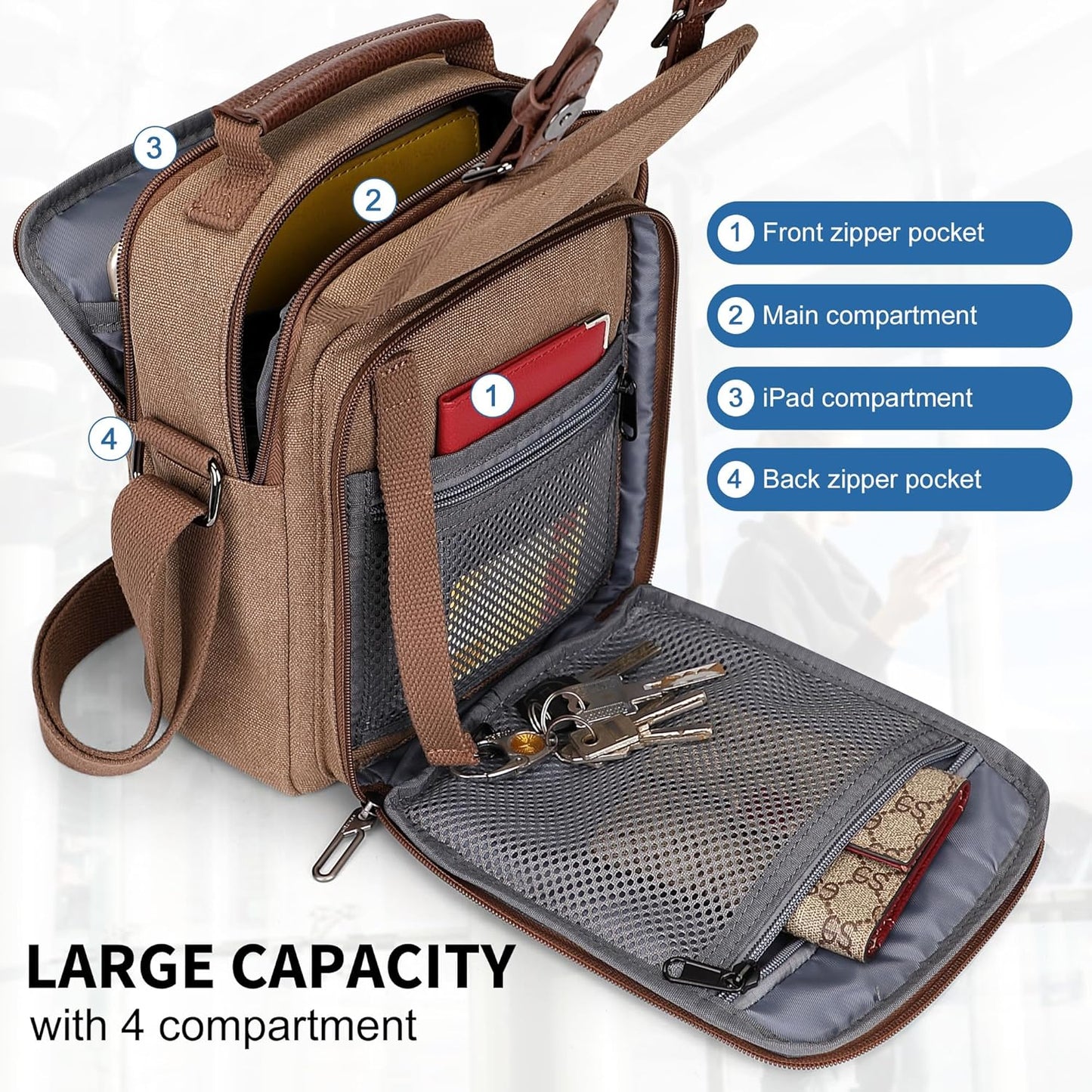 WITZMAN Canvas Small Messenger Bag for Men Crossbody Bag Multi-pocket Casual Shoulder Bag Travel Chest Bag