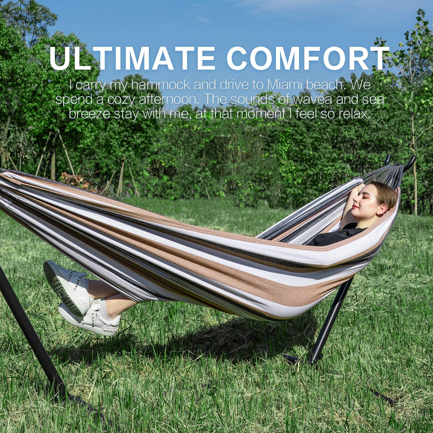 PNAEUT Double Hammock with Stand for Outside, Heavy-Duty, Portable (Coffee)