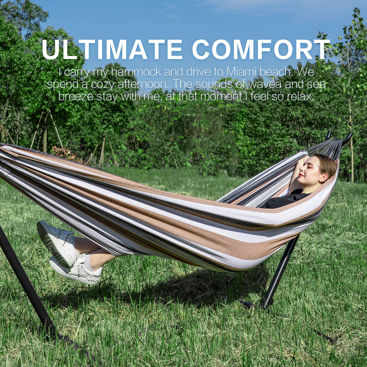 PNAEUT Double Hammock with Stand for Outside, Heavy-Duty, Portable (Coffee)