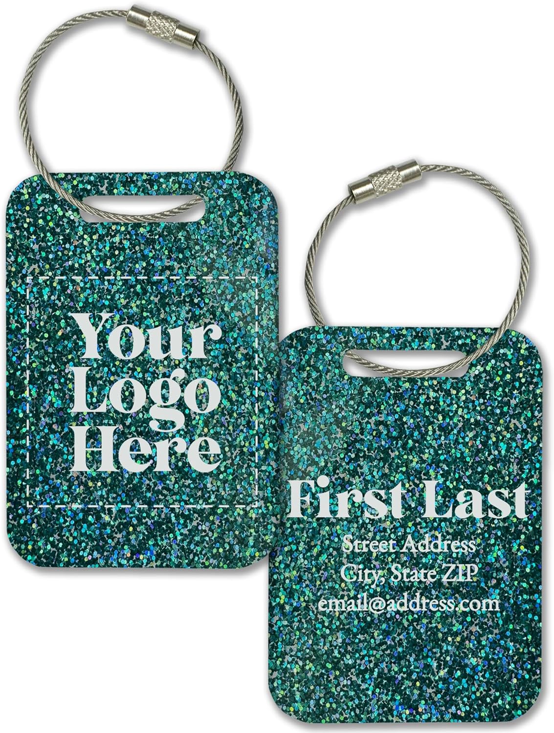 Personalized Logo Name Tag for Luggage (3 or 6 Count Pack) | Custom Tag for Suitcase | Acrylic Name Tag for Travel | Choose Your Font & Color | Backpack ID Label (Logo, Aquamarine Glitter)