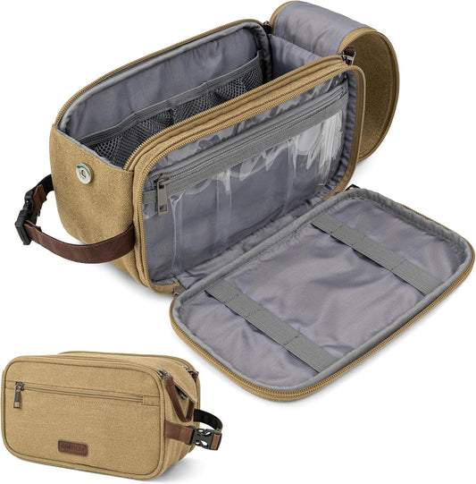 PAVILIA Toiletry Bag for Men, Canvas Travel Dopp Kit, Water Resistant Hygiene Bag Toiletries Organizer, Shaving Kit Travel Accessories Bag, Tan Khaki