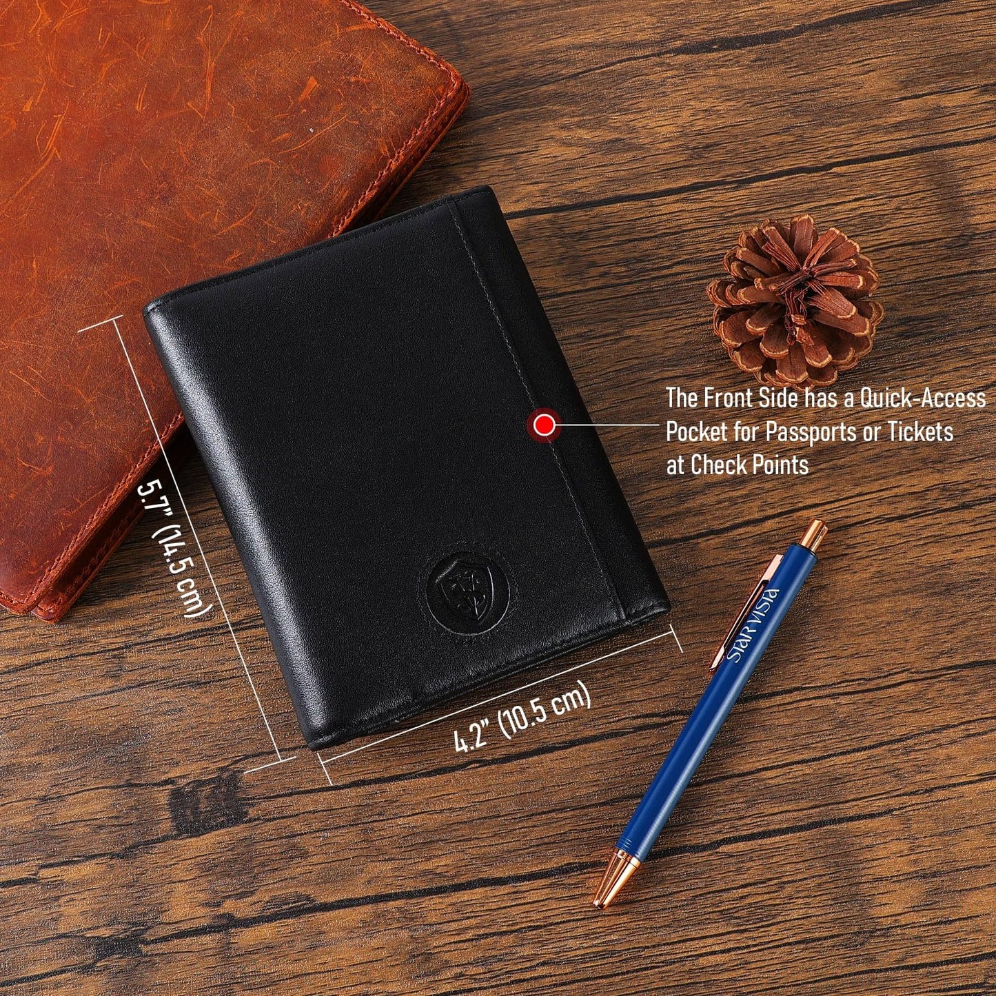 STAR VISTA Pilot Passport Wallet, Calfskin Leather Trifold Travel Documents Organizer, RFID Blocking, Dual ID Windows, Multiple Card Slots, AirTag Slot, Black