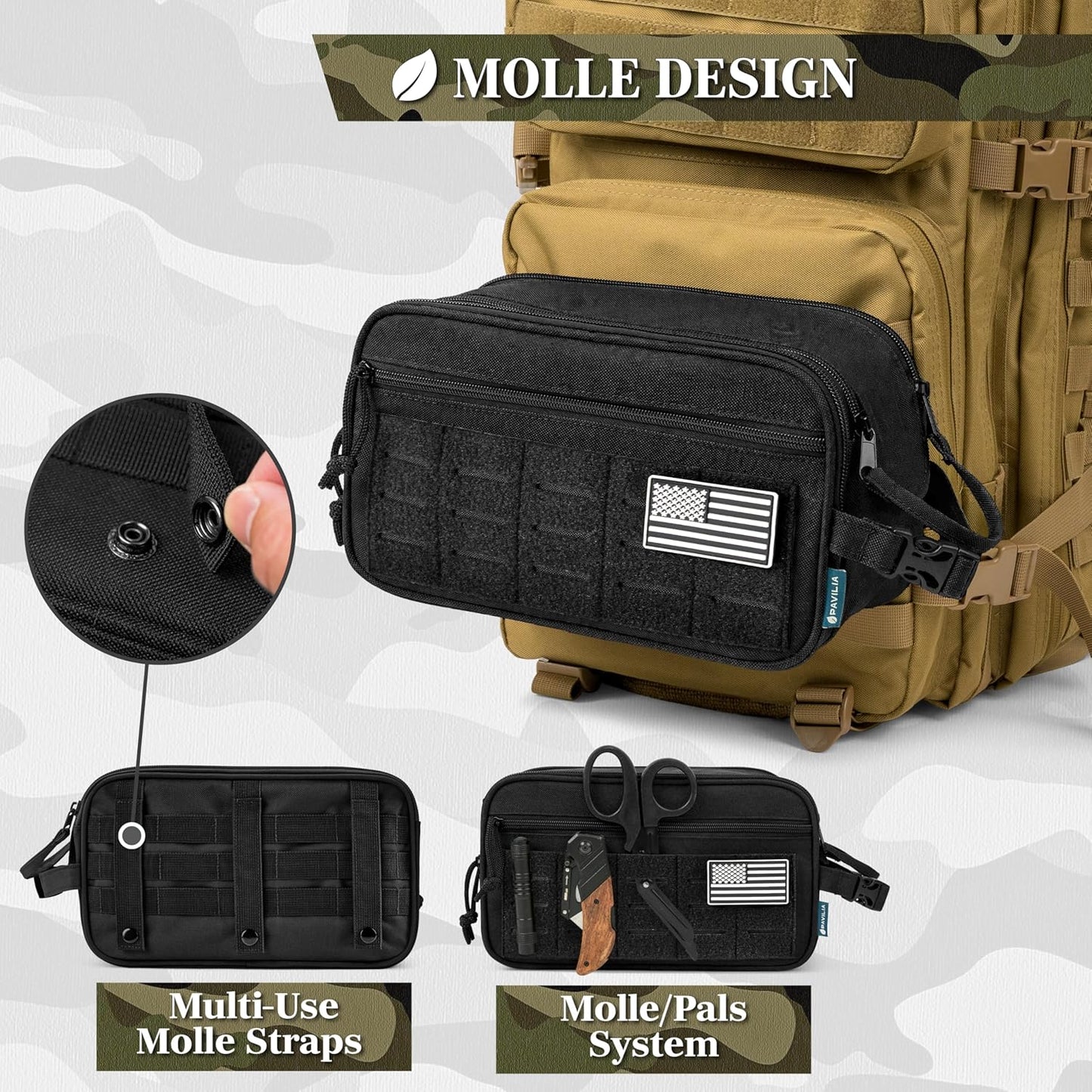 PAVILIA Extra Large Tactical Toiletry Bag for Men, Travel Hygiene Bag, Military Gear Dopp Kit, Molle Accessories Pouch, Shaving Grooming Essentials Gym Bathroom Shower Toiletries Tool EDC, Black XL
